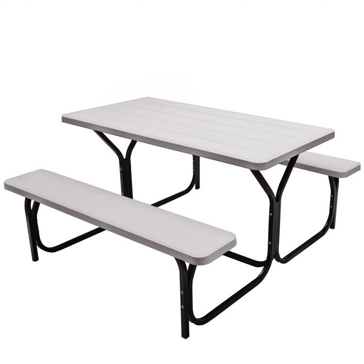 All Weather Outdoor Picnic Table Bench Set with Metal Base Wood - white All Weather Outdoor Picnic Table Bench Set with Metal Base Wood - white