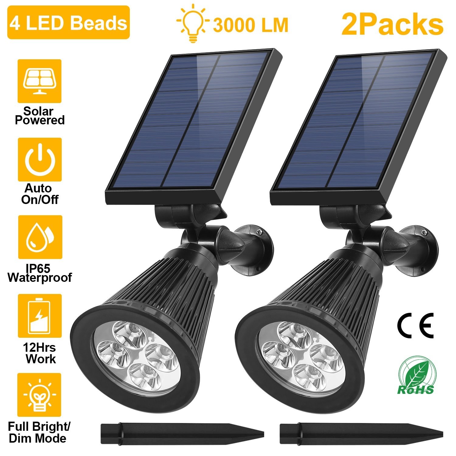 2Pcs Solar Spotlight Outdoor Dusk To Dawn Light Wall Path Lawn Garden Lamp Waterproof - Black 2Pcs Solar Spotlight Outdoor Dusk To Dawn Light Wall Path Lawn Garden Lamp Waterproof - Black